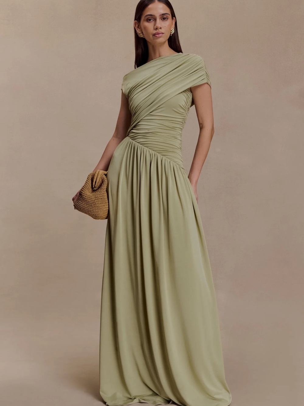 Meshki Sage Green Ayeshya Slinky Asymmetric Drape Maxi Dress size Small